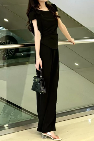 2025 Summer Women's Fashion Set - Diagonal Collar Tie Short Sleeve Top & Straight Casual Pants - Chic Two-Piece Ensemble