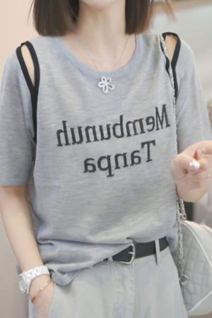 2025 Summer Women's Letter Print Round Neck Short Sleeve T-Shirt, Fashionable Slimming Top, Versatile Lazy Fit, Trendy Casual Wear