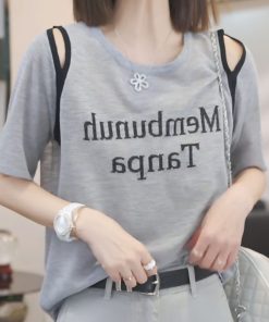 2025 Summer Women's Letter Print Round Neck Short Sleeve T-Shirt, Fashionable Slimming Top, Versatile Lazy Fit, Trendy Casual Wear