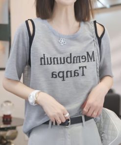 2025 Summer Women's Letter Print Round Neck Short Sleeve T-Shirt, Fashionable Slimming Top, Versatile Lazy Fit, Trendy Casual Wear
