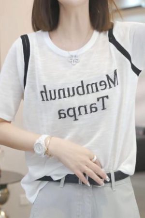 2025 Summer Women's Letter Print Round Neck Short Sleeve T-Shirt, Fashionable Slimming Top, Versatile Lazy Fit, Trendy Casual Wear