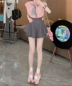 2025 Summer Women's Sleeveless Polo Neck Knitted Top & Slimming Versatile Skirt Pants Casual Set - Stylish Youthful Look