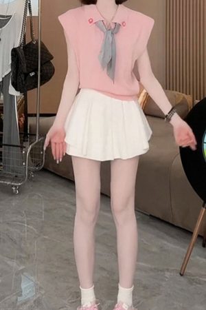 2025 Summer Women's Sleeveless Polo Neck Knitted Top & Slimming Versatile Skirt Pants Casual Set - Stylish Youthful Look
