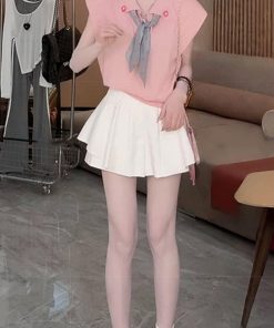 2025 Summer Women's Sleeveless Polo Neck Knitted Top & Slimming Versatile Skirt Pants Casual Set - Stylish Youthful Look