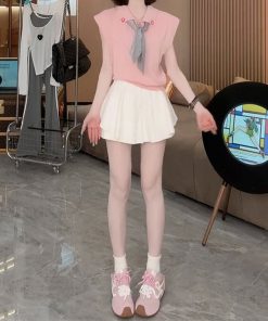 2025 Summer Women's Sleeveless Polo Neck Knitted Top & Slimming Versatile Skirt Pants Casual Set - Stylish Youthful Look