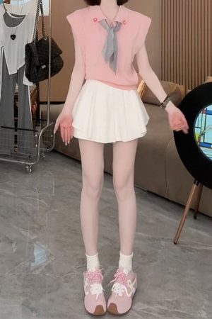 2025 Summer Women's Sleeveless Polo Neck Knitted Top & Slimming Versatile Skirt Pants Casual Set - Stylish Youthful Look