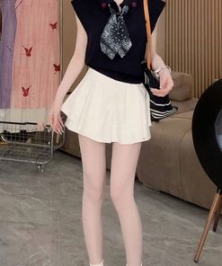 2025 Summer Women's Sleeveless Polo Neck Knitted Top & Slimming Versatile Skirt Pants Casual Set - Stylish Youthful Look