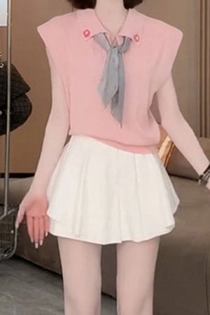 2025 Summer Women's Sleeveless Polo Neck Knitted Top & Slimming Versatile Skirt Pants Casual Set - Stylish Youthful Look
