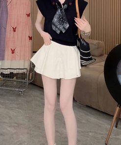 2025 Summer Women's Sleeveless Polo Neck Knitted Top & Slimming Versatile Skirt Pants Casual Set - Stylish Youthful Look