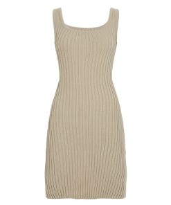 2025 Summer Women's Solid Color Wide Stripe Knitted Bodycon Mini Vest Dress - Elegant Slim Fit Fashion