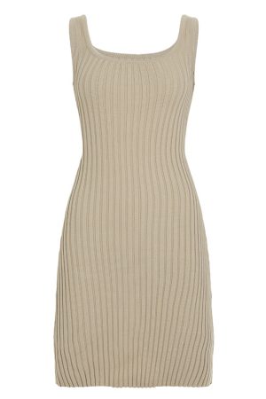 2025 Summer Women's Solid Color Wide Stripe Knitted Bodycon Mini Vest Dress - Elegant Slim Fit Fashion
