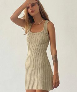 2025 Summer Women's Solid Color Wide Stripe Knitted Bodycon Mini Vest Dress - Elegant Slim Fit Fashion