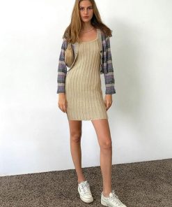 2025 Summer Women's Solid Color Wide Stripe Knitted Bodycon Mini Vest Dress - Elegant Slim Fit Fashion