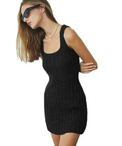 2025 Summer Women's Solid Color Wide Stripe Knitted Bodycon Mini Vest Dress - Elegant Slim Fit Fashion