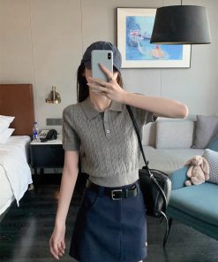 2025 Summer Women's Unique Polo Neck Knitted Short Sleeve Top - Stylish Casual Fashion Essential