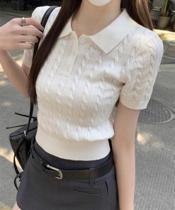 2025 Summer Women's Unique Polo Neck Knitted Short Sleeve Top - Stylish Casual Fashion Essential