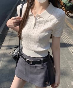 2025 Summer Women's Unique Polo Neck Knitted Short Sleeve Top - Stylish Casual Fashion Essential