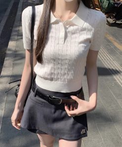 2025 Summer Women's Unique Polo Neck Knitted Short Sleeve Top - Stylish Casual Fashion Essential