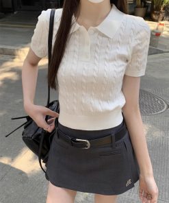 2025 Summer Women's Unique Polo Neck Knitted Short Sleeve Top - Stylish Casual Fashion Essential