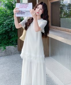 2025 Summer Women's White Patchwork Dress - High-End, Unique, Slimming Long Dress Inspired by French Design