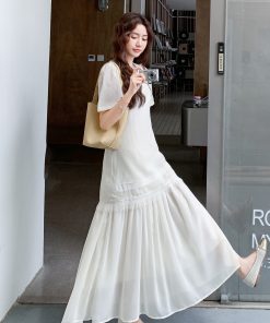 2025 Summer Women's White Patchwork Dress - High-End, Unique, Slimming Long Dress Inspired by French Design