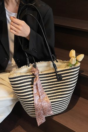 2025 Summer Woven Tote Bag for Women - Large Capacity Beach Basket Shoulder Bag, Trendy Vacation Style