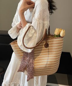 2025 Summer Woven Tote Bag for Women - Large Capacity Beach Basket Shoulder Bag, Trendy Vacation Style