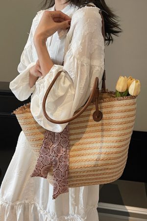 2025 Summer Woven Tote Bag for Women - Large Capacity Beach Basket Shoulder Bag, Trendy Vacation Style