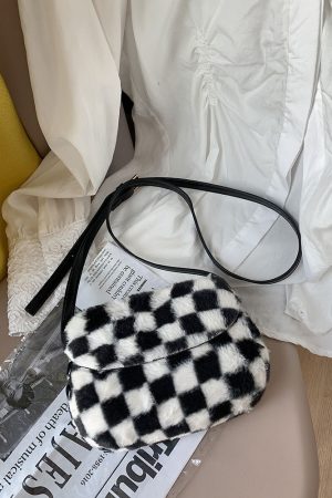 2025 Winter Checkered Fur Saddle Bag Crossbody - Versatile Small Phone Bag for Women
