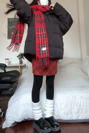 2025 Winter Women's A-Line Midi Skirt in Retro Red Checkered Woolen Plaid - Campus Style Vintage 90s Inspired