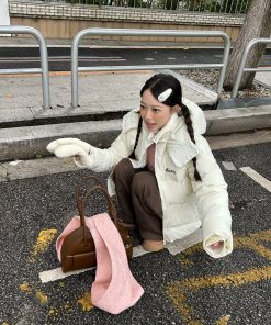 2025 Winter Women's Bone White Five-Grid Down Jacket with Detachable Hood - Thick Korean Style Coat