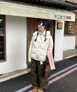 2025 Winter Women's Bone White Five-Grid Down Jacket with Detachable Hood - Thick Korean Style Coat