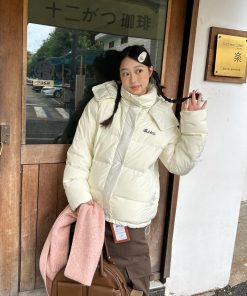 2025 Winter Women's Bone White Five-Grid Down Jacket with Detachable Hood - Thick Korean Style Coat
