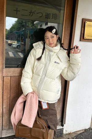 2025 Winter Women's Bone White Five-Grid Down Jacket with Detachable Hood - Thick Korean Style Coat