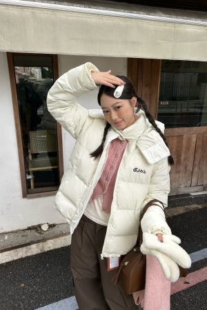 2025 Winter Women's Bone White Five-Grid Down Jacket with Detachable Hood - Thick Korean Style Coat