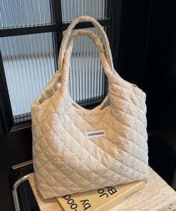 2025 Women's Diamond-Patterned Down Cotton Tote Bag - Casual Shoulder Bag for Spring and Summer, Large Capacity Commuting Essentials