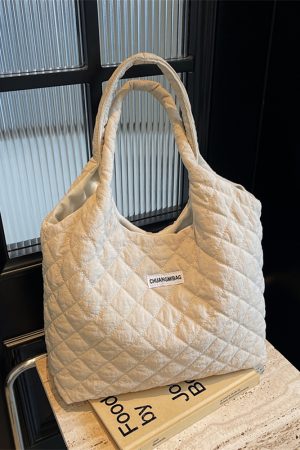 2025 Women's Diamond-Patterned Down Cotton Tote Bag - Casual Shoulder Bag for Spring and Summer, Large Capacity Commuting Essentials