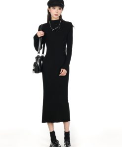 2025 Women's Half-High Collar Knitted Sweater Dress - Knee-Length, Elegant Style for Chic Fall Looks