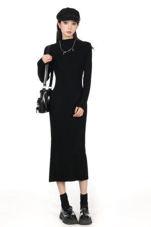 2025 Women's Half-High Collar Knitted Sweater Dress - Knee-Length, Elegant Style for Chic Fall Looks