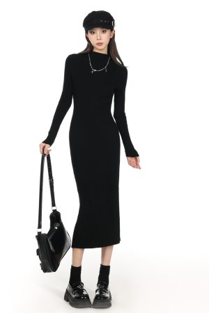 2025 Women's Half-High Collar Knitted Sweater Dress - Knee-Length, Elegant Style for Chic Fall Looks