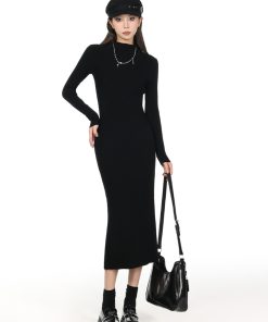 2025 Women's Half-High Collar Knitted Sweater Dress - Knee-Length, Elegant Style for Chic Fall Looks