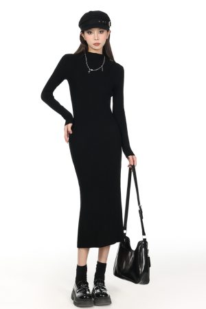 2025 Women's Half-High Collar Knitted Sweater Dress - Knee-Length, Elegant Style for Chic Fall Looks