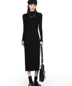 2025 Women's Half-High Collar Knitted Sweater Dress - Knee-Length, Elegant Style for Chic Fall Looks