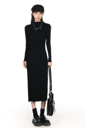 2025 Women's Half-High Collar Knitted Sweater Dress - Knee-Length, Elegant Style for Chic Fall Looks