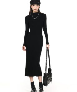2025 Women's Half-High Collar Knitted Sweater Dress - Knee-Length, Elegant Style for Chic Fall Looks