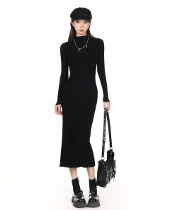2025 Women's Half-High Collar Knitted Sweater Dress - Knee-Length, Elegant Style for Chic Fall Looks