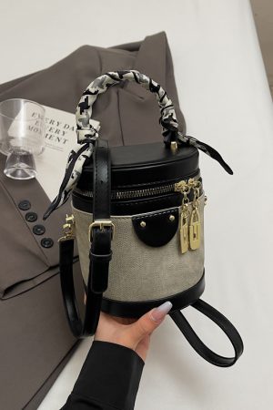 2025 Women's High-End Color-Blocking Tote Bucket Bag - Fashionable Cylindrical Shoulder Crossbody for Spring and Summer