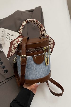 2025 Women's High-End Color-Blocking Tote Bucket Bag - Fashionable Cylindrical Shoulder Crossbody for Spring and Summer