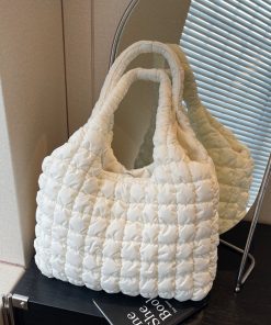 2025 Women's Large Capacity Cotton Tote Bag - Stylish Pleated Shoulder Bag for Spring/Summer, Versatile Commuting Essential