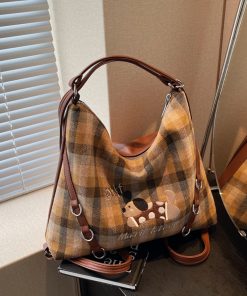 2025 Women's Retro Plaid Tote Bag - Large Capacity Multi-Functional Travel Backpack for Spring and Summer Commuting